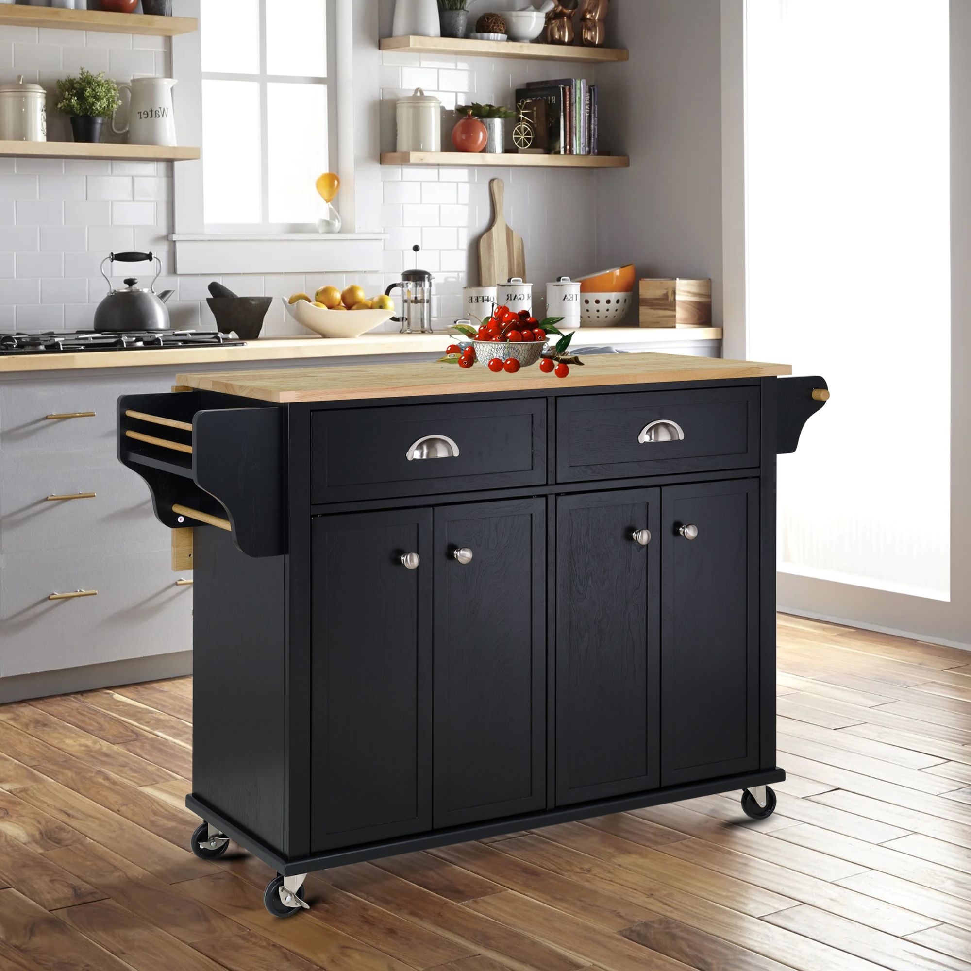 Cambridge Natural Wood Top Kitchen Island with Storage Doba as Pic